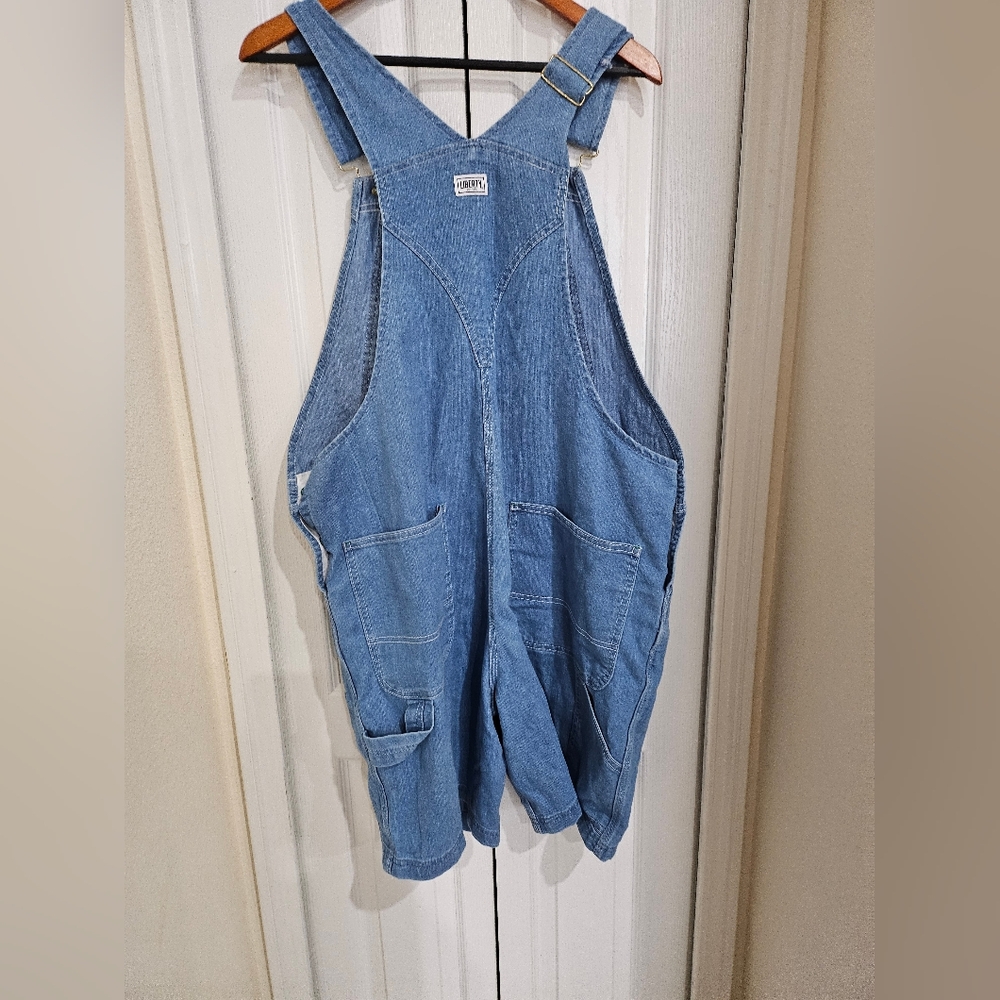 VINTAGE Liberty Blue Denim Short Y2K Overalls with Green Trim XL. - Picture 8 of 12